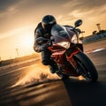 Sunset thrill Sport bike rider races on a high speed track