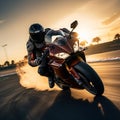 Sunset thrill Sport bike rider races on a high speed track Royalty Free Stock Photo