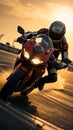 Sunset thrill Sport bike rider races on a high speed track Royalty Free Stock Photo