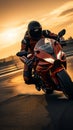 Sunset thrill Sport bike rider races on a high speed track