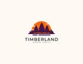 Sunset timberland forest pine tree with sun logo