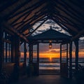 Evening beach beautiful wooden cottage view ai generated Royalty Free Stock Photo