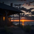 Evening beach beautiful wooden cottage view ai generated Royalty Free Stock Photo