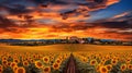 Sunset Time At Sunflower Field In Tuscany - Photo-realistic French Landscape