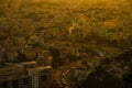 Sunset time top view city buildings orange