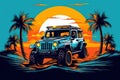Sunset time. Vector of car on the beach with palms, t shirt design. Beautiful illustration picture. Generative AI Royalty Free Stock Photo