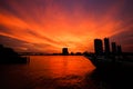 Sunset times on the river in city background