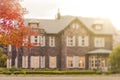 Sunset on Tokyo Metropolitan Park KyuFurukawa`s old western-style mansion at red maple momiji leaves season in autumn Royalty Free Stock Photo