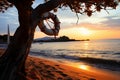 Sunset tranquility Tree floats on beach, embracing the serene coastal ambiance