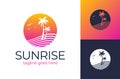 Sunset Travel Logo. Summer Icons On Holiday, Summer, Beach And Sea, Vector Graphic Art Shape, Retro Vintage Design Logo,