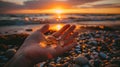 Sunset treasures woman\'s hand holds glass stones from beach, tranquil moment, Ai Generated Royalty Free Stock Photo