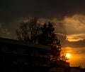 Sunset with tree and building silhouette Royalty Free Stock Photo