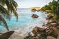 Sunset at tropical beach Anse Patates with granite boulders on La Digue Island, Seychelles Royalty Free Stock Photo