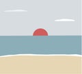 Sunset tropical beach illustration. flat style nature landscape, seascape. Geometric shapes, template design,