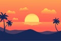 Sunset Tropical Beach with Palm Trees and Sea for Summer Resort Background. Vector Illustration