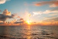 Sunset on tropical beach sea ocean with sunrise clouds. Banner for travel vacation. Scenery sky and reflection rays in