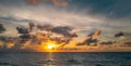 Sunset on tropical beach sea ocean with sunrise clouds. Banner for travel vacation. Scenery sky and reflection rays in