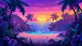 A sunset on a tropical beach under a gorgeous purple sky with seaside palm trees, plants, rocks and sand under beautiful Royalty Free Stock Photo