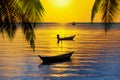 Sunset tropical island sea beach, ocean sunrise landscape, palm tree, boats, ships, yellow sky, sun, blue water, summer holidays Royalty Free Stock Photo