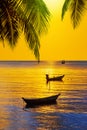 Sunset tropical island sea beach, ocean sunrise landscape, palm tree, boats, ships, yellow sky, sun, blue water, summer holidays Royalty Free Stock Photo