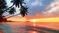 Sunset tropical island sea beach, ocean sunrise landscape, palm tree, yellow sun, water, orange, red, pink sky, summer holidays Royalty Free Stock Photo