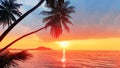 Sunset tropical island sea beach, ocean sunrise landscape, palm tree, yellow sun, water, orange, red, pink sky, summer holidays Royalty Free Stock Photo