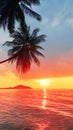 Sunset tropical island sea beach, ocean sunrise landscape, palm tree, yellow sun, water, orange, red, pink sky, summer holidays Royalty Free Stock Photo