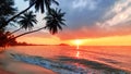 Sunset tropical island sea beach, ocean sunrise landscape, palm tree, yellow sun, water, orange, red, pink sky, summer holidays Royalty Free Stock Photo