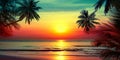 Sunset tropical island sea beach, ocean sunrise landscape, palm trees, sun reflection, water, orange red sky, summer holidays Royalty Free Stock Photo