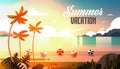 Sunset tropical palm beach balls view summer vacation seaside sea ocean flat horizontal lettering Royalty Free Stock Photo