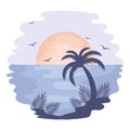 Sunset on the tropical sea with palm trees and seagulls on a watercolor background. Illustration, icon Royalty Free Stock Photo