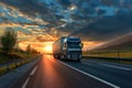 Sunset Trucking: Big Rig Truck on Open Highway Wallpaper and Design, Generative AI