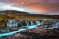 Sunset with unique waterfall - Bruarfoss Royalty Free Stock Photo