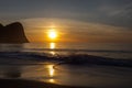 Sunset at Unstad Beach, the surfers paradise in Lofoten Islands, Norway Royalty Free Stock Photo