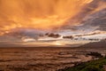 A sunset of unusually warm yellow-amber colors over Pacific ocean Royalty Free Stock Photo