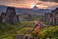 Sunset on the valley of the monasteries of Meteora, Greece Royalty Free Stock Photo
