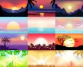 Sunset vector sunrise with Hawaii palms or mountain silhouette on backdrop illustration set of tropical sunlight