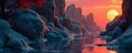 Sunset view of abstract rocks, calm water. Dramatic colors. Tranquil scene in unique environment. 3d rendering. Surreal