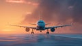 Sunset view of airplane on airport runway. Aviation technology and world travel concept. Generative AI. Illustration for banner, Royalty Free Stock Photo
