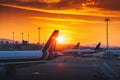 Sunset view of the airport and aiplanes