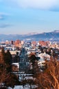 Sunset view of Aizu Wakamatsu city from aerial angle