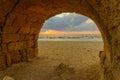 Sunset view of and arch of the Roman Aqueduct, Caesarea