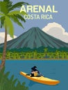 kayaking at arenal lake with volcano mountain background in Costa Rica illustration best for travel poster with vintage style Royalty Free Stock Photo