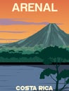 Sunset view arenal volcano  mountain from arenal lake in Costa Rica illustration best for travel poster Royalty Free Stock Photo