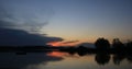 Sunset view from Auslikon, Wetzikon. Bright red sky and shore of Lake Pfaeffikon, Zurich Canton, Switzerland