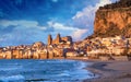 Sunset view of beautiful Cefalu, small resort town on Tyrrhenian coast of Sicily, Italy Royalty Free Stock Photo