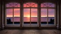 sunset view from big windows in a room, with tropical trees on the side, offers a spectacular indoor-outdoor experience. Royalty Free Stock Photo