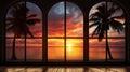 sunset view from big windows in a room, with tropical trees on the side, offers a spectacular indoor-outdoor experience. Royalty Free Stock Photo