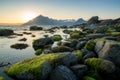 Sunset view of Black Cuillin mountains from rocky Elgol beach Royalty Free Stock Photo