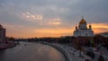 Sunset view from Bol`shoy Kamennyy Most, Moscow Rivier and Cathedral of Christ the Saviour, Russia Royalty Free Stock Photo